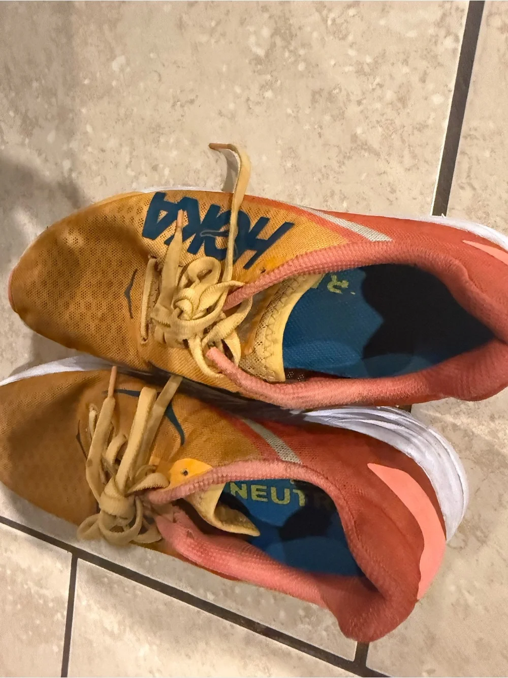 Hoka one ladies size 9.5 shoes Yellow-Orange Athletic Sneakers with Blue Accents